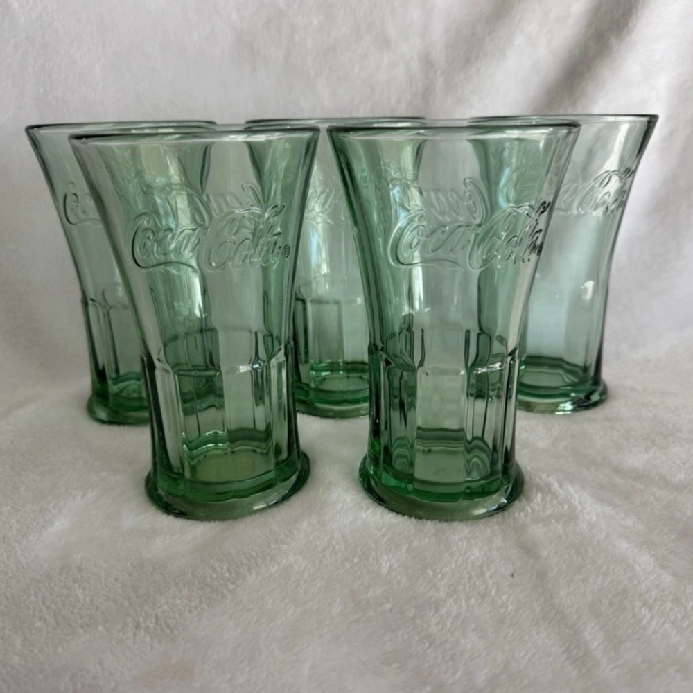 5 Vintage Style Coke Cola Glasses Green Libby Flared Heavy  16oz
